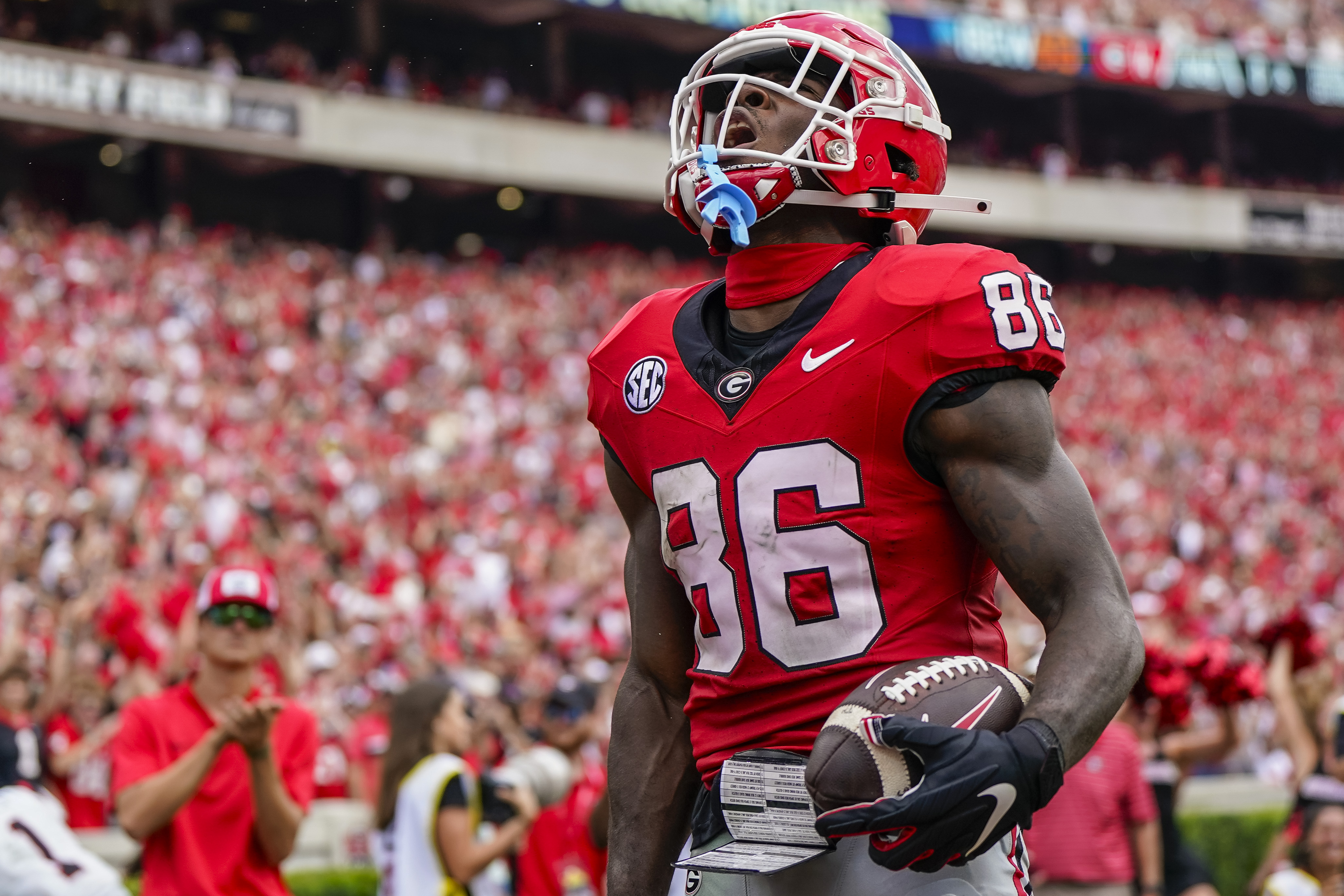 Sep 9, 2023; Athens, Georgia, USA; Georgia Bulldogs wide receiver Dillon Bell (86) reacts after scoring a touchdown against the Ball State Cardinals during the first half at Sanford Stadium. Mandatory Credit: Dale Zanine-USA TODAY Sports